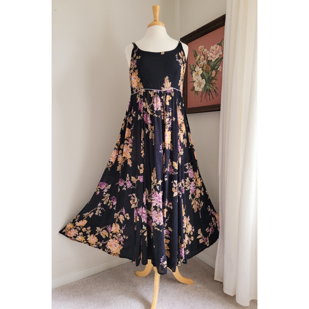 90s Black Floral Scoop Neck 1990s Vintage Flowy Feminine Rayon Gauze Maxi Dress - Picture 3 of 16